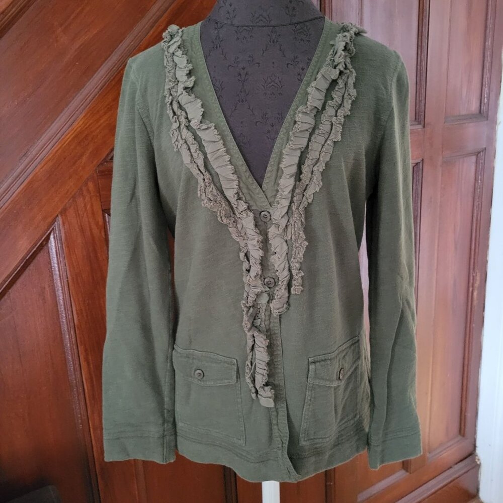 Eddie Bauer Womens Green Ruffled V-Neck Cardigan Sweater Size L 100% Cotton